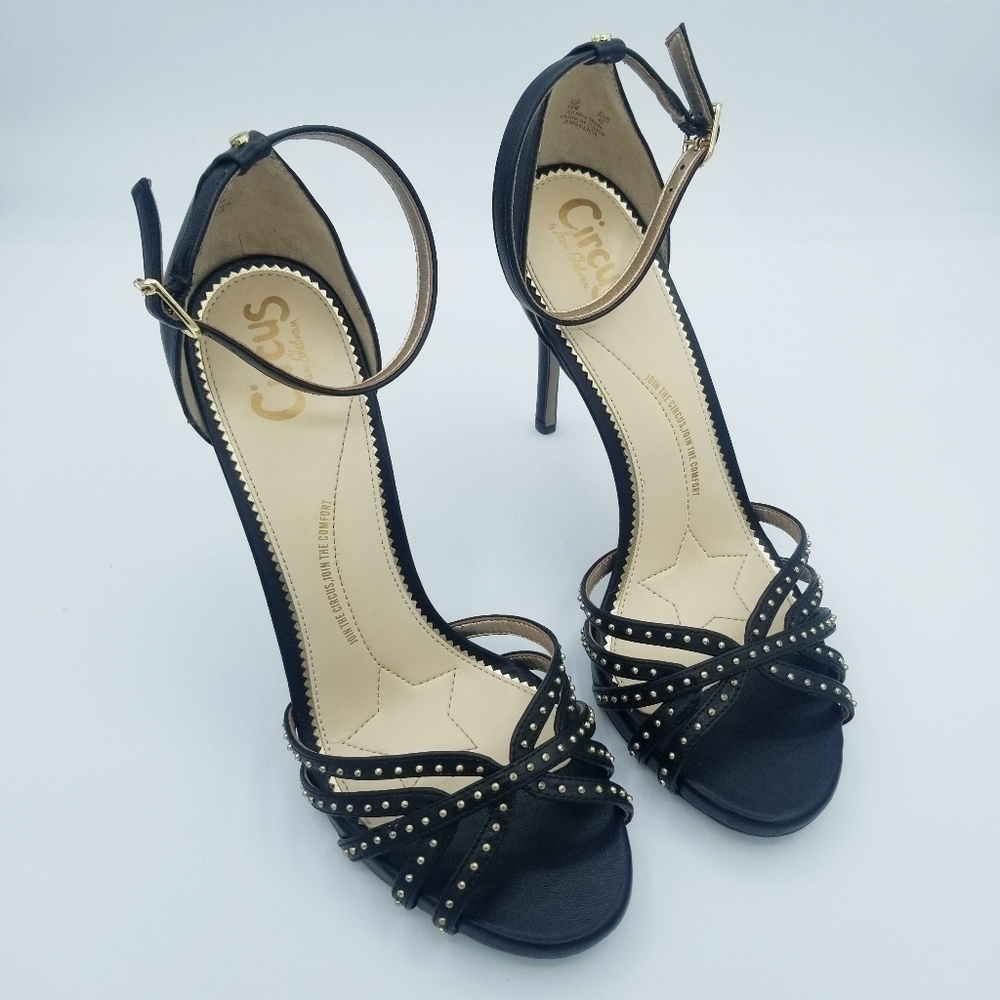Circus by Sam Edelman Angelica Strappy Black Heels with Gold Embellishments NWOT